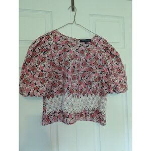 Women's Tommy Hilfiger Pink Floral‎ Top Shirt Puff Sleeves Size S *Modified*